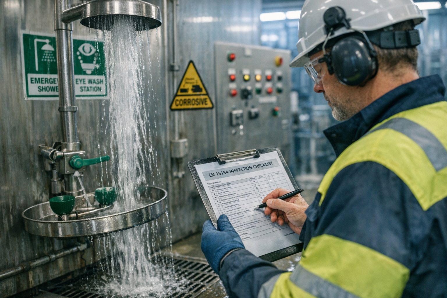 Nooddouche installatie conform Arbowet en EN 15154 normen